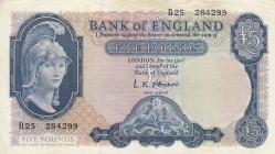 Great Britain, 5 Pounds, 1957/1967, XF, p371
 Serial Number: B25 284299
Estimate: 40-80 USD