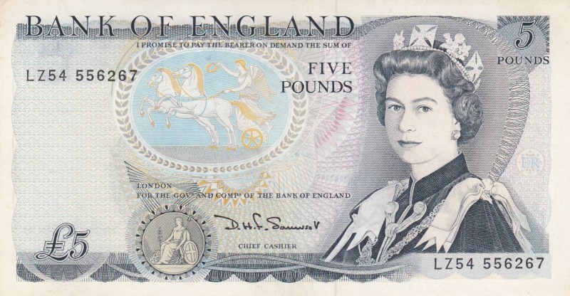 Great Britain, 5 Pounds, 1980/87, XF, p378c, Pressed
Queen Elizabeth II portrai...