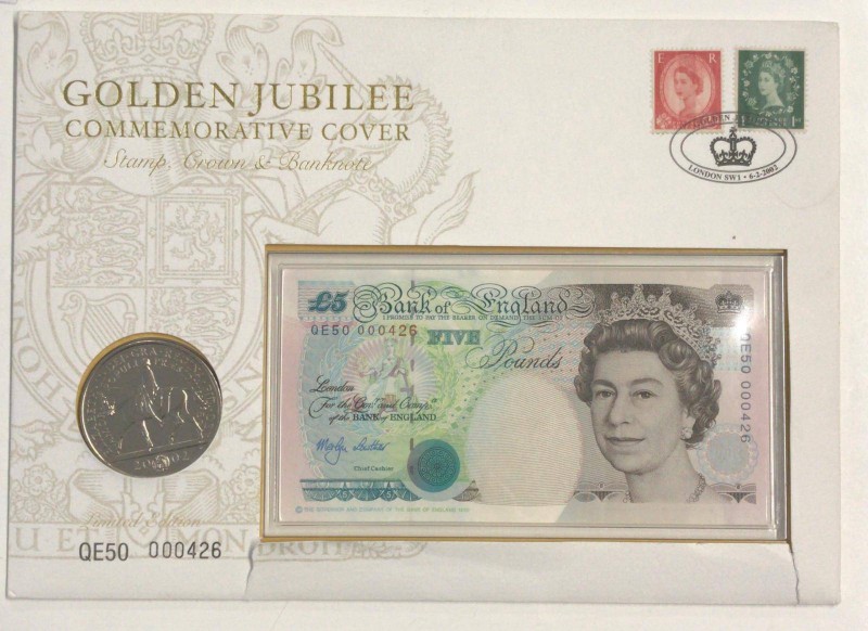 Great Britain, 5 Pounds, 2002, UNC, p382c, FOLDER
50th Anniversary of Queen Eli...