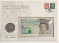 Great Britain, 5 Pounds, 2002, UNC, p382c, FOLDER
50th Anniversary of Queen Elizabeth II. commemorative banknote and coin, Serial Number: QE50 000426...
