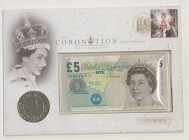 Great Britain, 5 Pounds, 2003, UNC, p391b, FOLDER
50th Anniversary of the Corontion of Queen Elizabeth II, commemorative banknote and coin, Serial Nu...