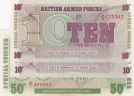 Great Britain, Total 3 banknotes
British Armed Forces, 10 New Pence(2), 1972, UNC, pM45; 50 New Pence, 1972, UNC, pM46 
Estimate: 10-20 USD