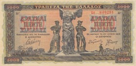 Greece, 5.000 Drachmai, 1942, XF, p119b
There is a little slit at the upper-left of bordure level, Serial Number: B1 640291
Estimate: 10-20 USD