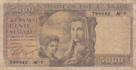 Greece, 5.000 Drachmai, 1947, FINE, p181a
 Serial Number: 798942
Estimate: 40-80 USD