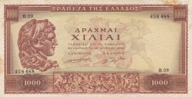 Greece, 1000 Darchmai, 1956, VF, p194a
There are little stains , Serial Number: B.09 458488
Estimate: 75-150 USD