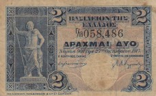 Greece, 2 Drachma, 1917, FINE, p310
There are pinholes, Serial Number: 058,486
Estimate: 40-80 USD