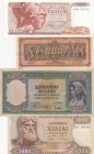 Greece, 1939/1970, Different conditions between UNC and FINE, Total 4 banknotes
100 Drahmi, p110a; 200.000.000 Drahmi, p131; 1000 Drahmi, p198, 1.000...