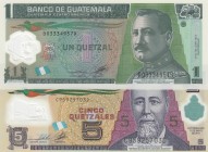 Guatemala, 1 Quetzal and 5 Quetzales, 2011/2012, UNC, p115, p122, (Total 2 banknotes)
Polymer
Estimate: 10-20 USD