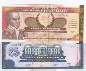 Haiti, Total 2 banknotes
Haiti 20 Gourdes, 2001, UNC, p271; Haiti 25 Gourdes, 2009, UNC (-), p266d
Estimate: 10-20 USD