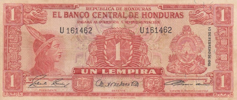 Honduras, 1 Lempira, 1961, VF, p54Aa
 Serial Number: U161462
Estimate: 10-20 U...