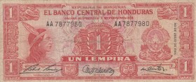 Honduras, 1 Lempira, 1965, FINE, p54Ab
 Serial Number: AA7877980
Estimate: 20-40 USD