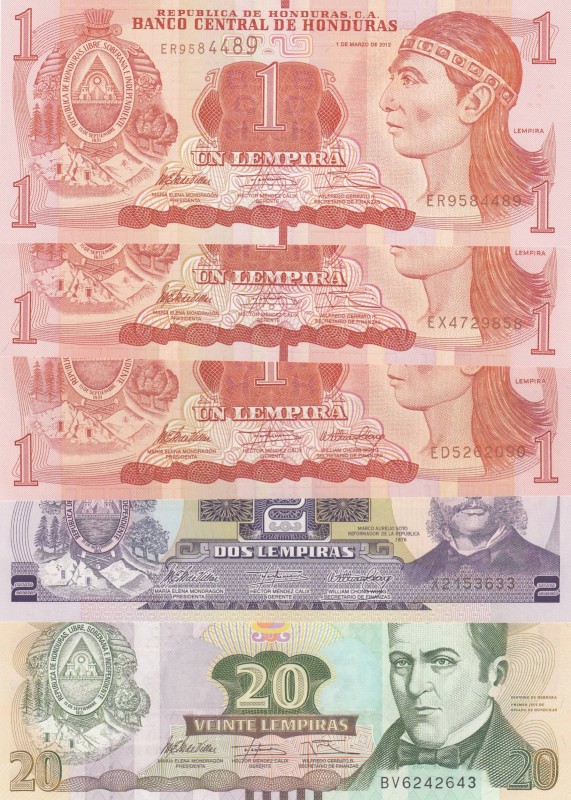 Honduras, Total 5 banknotes
1 Lempira, 2010, UNC, p89b; 1 Lempira(2), 2012, UNC...