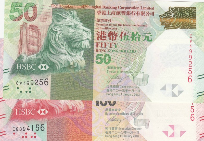 Hong Kong, 50 Dollar and 100 Dollars, 2010/2013, UNC, p298, p343, (Total 2 bankn...