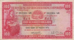 Hong Kong, 100 Dollars, 1972, VF, p183c
 Serial Number: VR285301
Estimate: 150-300 USD
