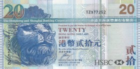 Hong Kong, 20 Dollars, 2009, UNC, p207f
 Serial Number: TZ977252
Estimate: 10-20 USD