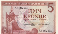 Iceland, 5 Kronur, 1957, UNC (-), p37
 Serial Number: A6887553
Estimate: 10-20 USD