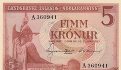 İceland, 5 Kronur, 1957, UNC, p37b
 Serial Number: A 360491
Estimate: 10-20 USD