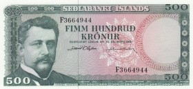 Iceland, 500 Kronur, 1961, UNC, p45 
 Serial Number: F3664944
Estimate: 15-30 USD