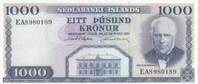 Iceland, 1.000 Kronur, 1961, UNC, p46
 Serial Number: EA8980189
Estimate: 20-40 USD