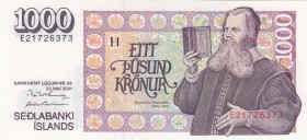 Iceland, 1.000 Kronur, 2001, UNC, p59b
 Serial Number: E21726373
Estimate: 15-30 USD