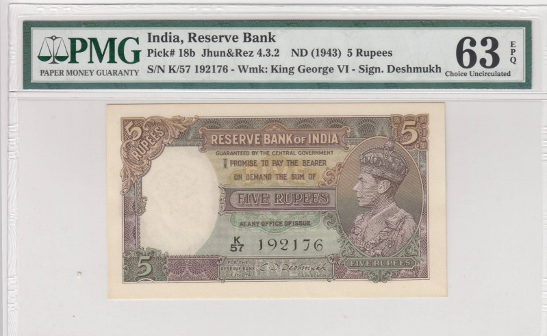 India, 5 Rupees, 1943, UNC, p18b
PMG 63 EPQ, Serial Number: K/57 192176
Estima...