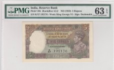 India, 5 Rupees, 1943, UNC, p18b
PMG 63 EPQ, Serial Number: K/57 192176
Estimate: 50-100 USD