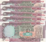 India, 10 Rupees, 1984, UNC, p81g
Consecutive serial numbers, pinholes, total 5 banknotes, Serial Number: 05G 967081-82-83-84-85
Estimate: 10-20 USD