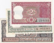 India, Total 3 banknotes
2 Rupees, 1983/1984, UNC, p53A, pinholes; 5 Rupi, 1962/1967, UNC, p36; pinholes and stain; 10 Rupees, 1985, XF, p60, pinhole...