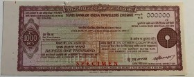 India, 1.000 Rupees, AUNC, SPECIMEN
Travellers Cheque, State Bank Of India Travellers Cheque, there are no signs of folding but there is a tear on th...