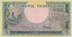 Indonesia, 5 Rupiah, 1957, UNC, p49a
 Serial Number: 5ABV39467
Estimate: 50-100 USD
