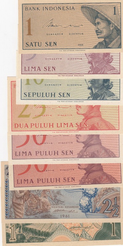 Indonesia, UNC, Total 8 banknotes
1 Sen, 1964, p90a; 5 Sen, 1964, p91a; 10 Sen,...