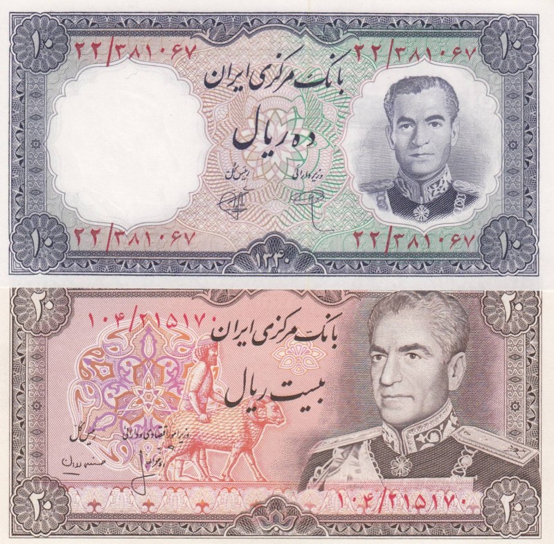 Iran, 10 Rials, 20 Rials, Total 2 banknotes
10 Rials, 1971, UNC, p71; 20 Rials,...