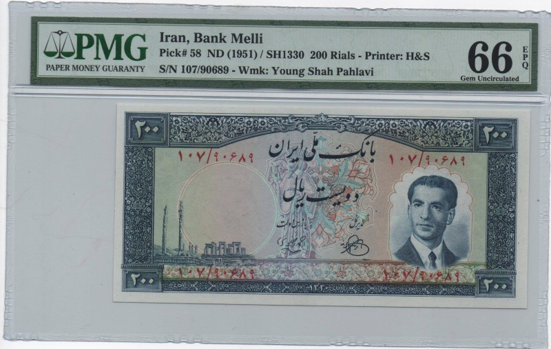 Iran, 200 Rials , 1951, UNC, p58
PMG 66 EPQ, Serial Number: 107/90689
Estimate...