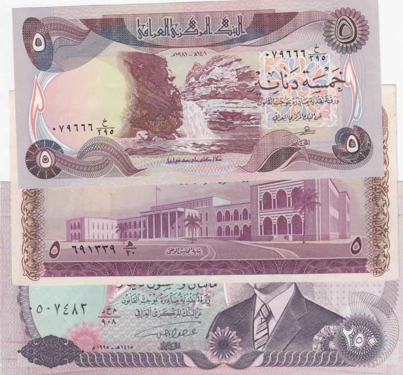 Iraq, Total 3 banknotes
5 Dinars, 1971, XF, p59; 5 Dinars, 1980, UNC, p70a; 250...