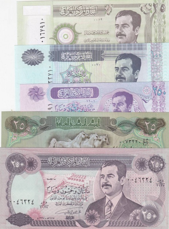 Iraq, Total 5 banknotes
25 Dinars, 2001, UNC, p86; 25 Dinars, 1980, UNC, p66b; ...