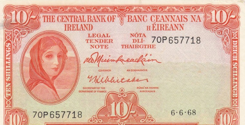 Ireland, 10 Shillings, 1968, XF, p63a
 Serial Number: 70P657718
Estimate: 40-8...