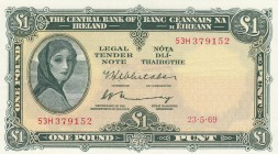 Ireland, 1 Pound, 1969, XF, p64b
 Serial Number: 53H 379152
Estimate: 25-50 USD