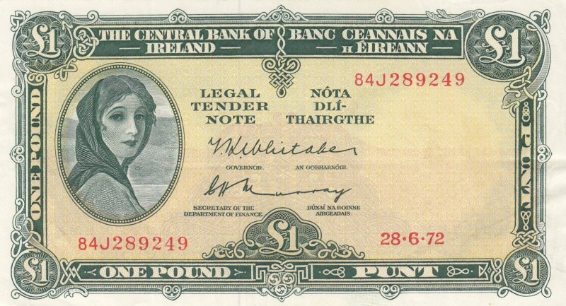 Ireland, 1 Pound, 1972, XF, p64c
 Serial Number: 84J289249
Estimate: 25-50 USD