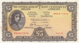 Ireland, 5 Pounds, 1975, XF, p65c
 Serial Number: 89A611316
Estimate: 125-250 USD