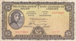 Ireland, 5 Pounds, 1973, VF, p65c
 Serial Number: 50A279669
Estimate: 75-150 USD