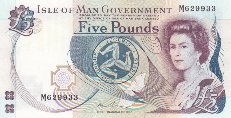 Isle of Man, 5 Pounds, 1983, UNC, p41
Queen Elizabeth II. Portrait, Serial Numb...