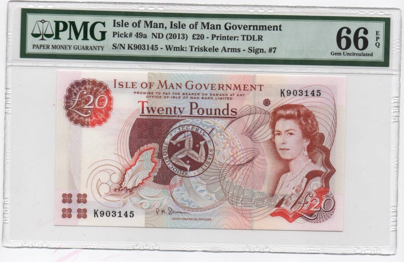 Isle of Man, 20 Pounds, 2013, UNC, p49a
PMG 66 EPQ, Serial Number: K903145
Est...