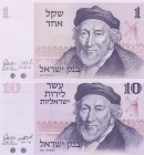 Israel, 1 Sheqel, 10 Lirot, 1978,1973, UNC, p39,p43
(total 2 banknotes), Serial Number: 0715613418, 2709309735
Estimate: 10-20 USD