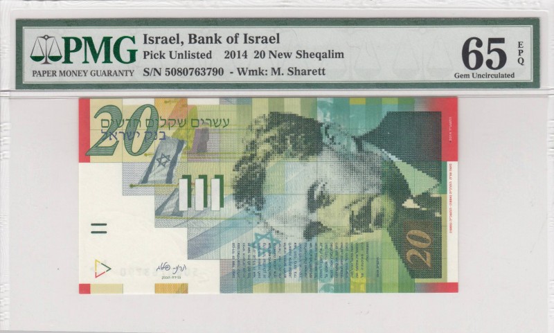 Israel, 20 New Sheqalim, 2014, UNC, p59d
PMG 65 EPQ, Serial Number: 5080763790...