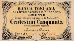 İtaly, 50 Cents, 1870, UNC, 
Bank Toscana, Serial Number: Aa 14117
Estimate: 15-30 USD