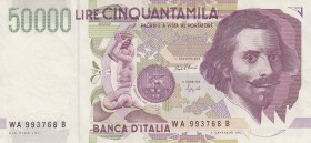 Italy, 50.000 Lire, 1992, XF, p116a
 Serial Number: WA993768B
Estimate: 15-30 USD