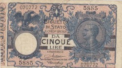 Italy, 5 Lire, 1923, VF, p23f
 Serial Number: 5885 070772
Estimate: 25-50 USD
