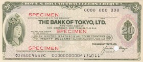 Japan, 20 Dollars, UNC, SPECIMEN
Travellers Cheque, The Bank Of Tokyo Ltd, Serial Number: 0000 000 000
Estimate: 25-50 USD