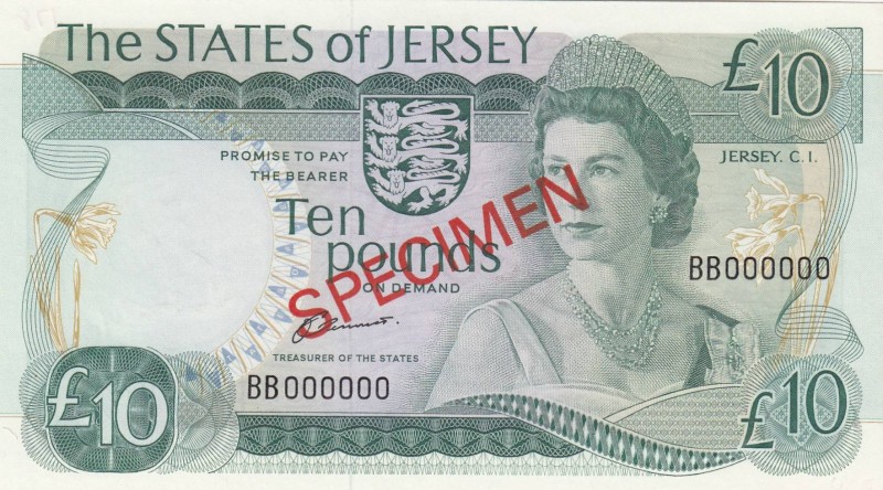 Jersey, 10 Pounds, 1976/1988, UNC (-), p13s, SPECIMEN
There is a writing mark o...