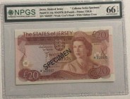 Jersey , 20 Pounds, 1978, UNC, p14a, SPECIMEN
NPGS 66 EPQ, Queen Elizabeth II portrait, Serial Number: 003597
Estimate: 100-200 USD
